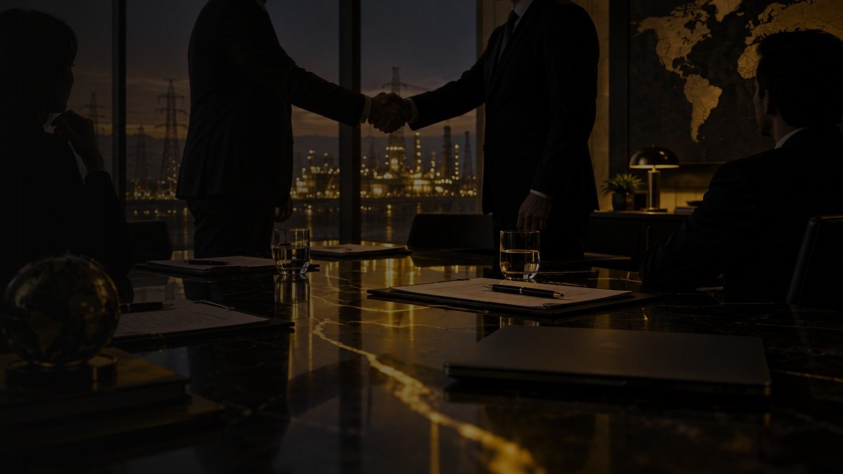 Dos directivos se dan la mano en una sala de reuniones con una planta industrial al fondo